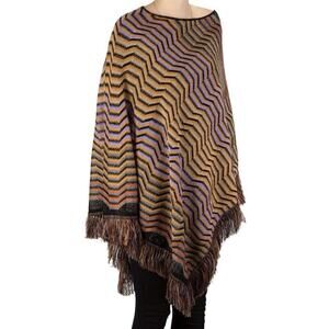 Missoni Lightweight Knit Wool Poncho Pullover Zig-Zag Stripe Fringe OS S M L XL